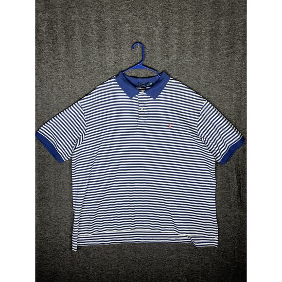 POLO RALPH LAUREN Mens Short Sleeve Polo Shirt 2XB Blue Striped -‎ Pink Pony - Picture 1 of 6